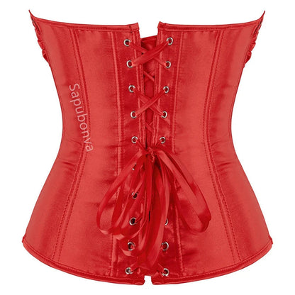 Red satin plus size corset top for women with lace-up back and adjustable ties
