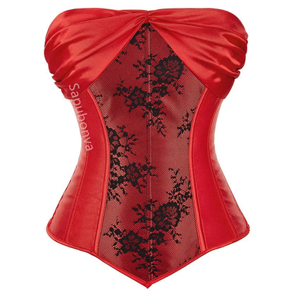 Red satin plus size corset top for women with lace details for a stylish look.