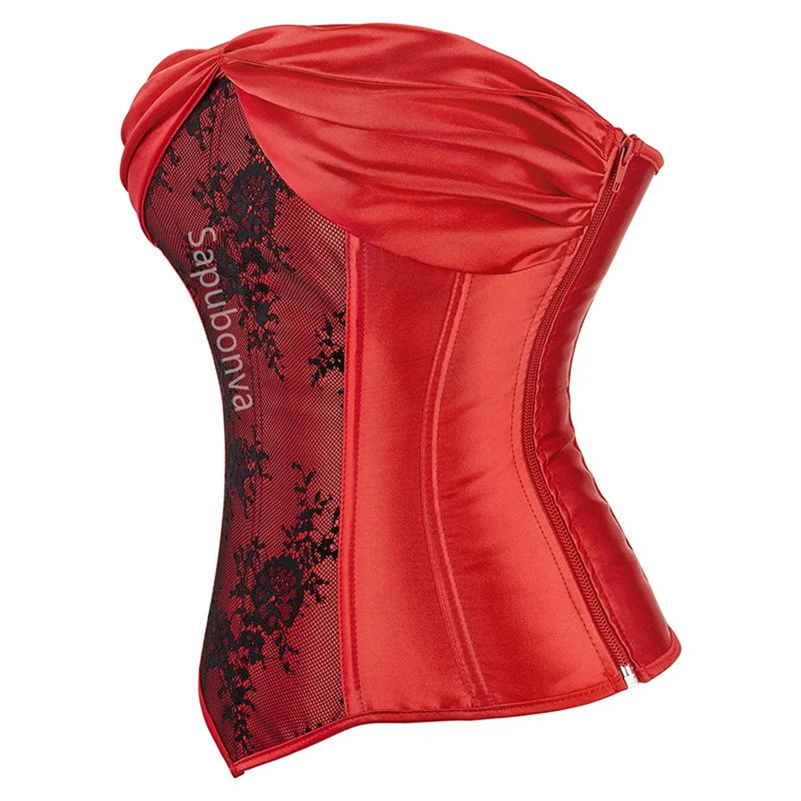 Red satin plus size corset top for women featuring sleek design and supportive structure