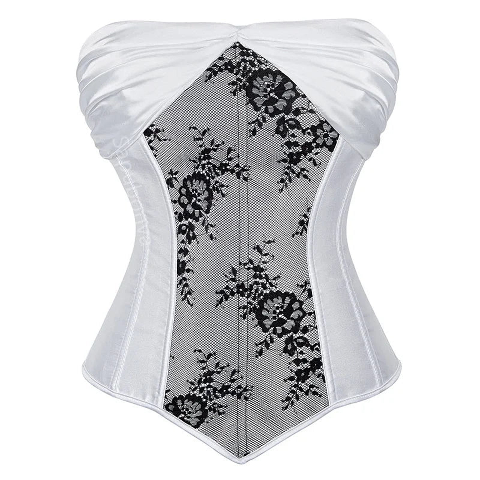 Stylish white plus size corset top for women with a floral lace design on the back