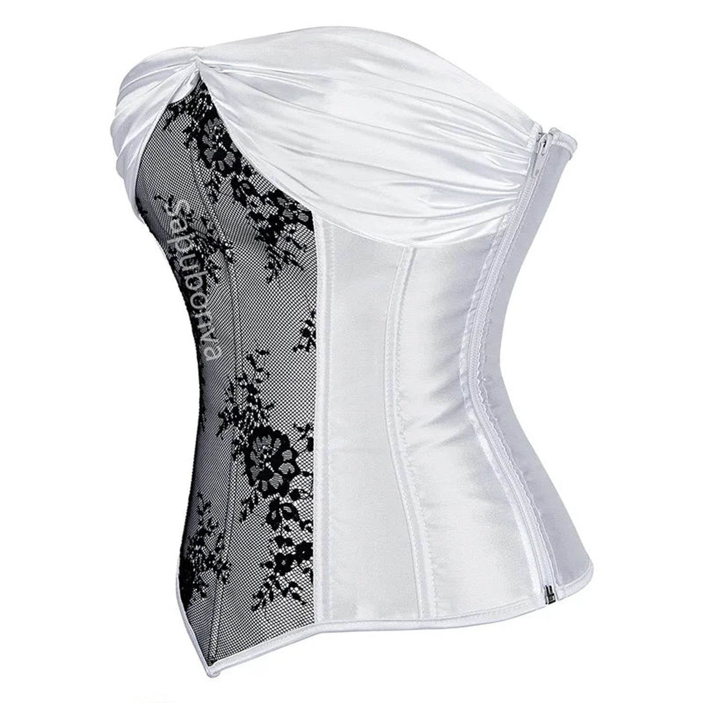 Elegant white plus size corset top for women with black floral lace detailing and zip closure