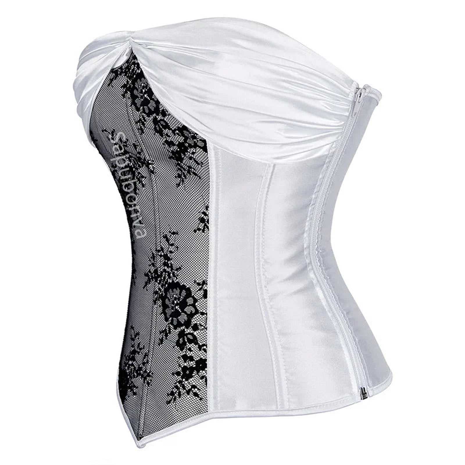 Elegant white plus size corset top for women with black floral lace detailing and zip closure