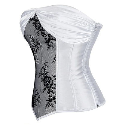 Elegant white plus size corset top for women with black floral lace detailing and zip closure