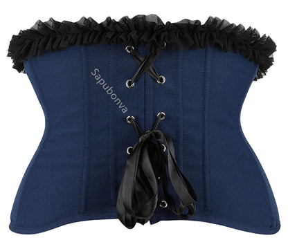 Navy underbust corset top for women with ruffled trim and lace-up back detailing