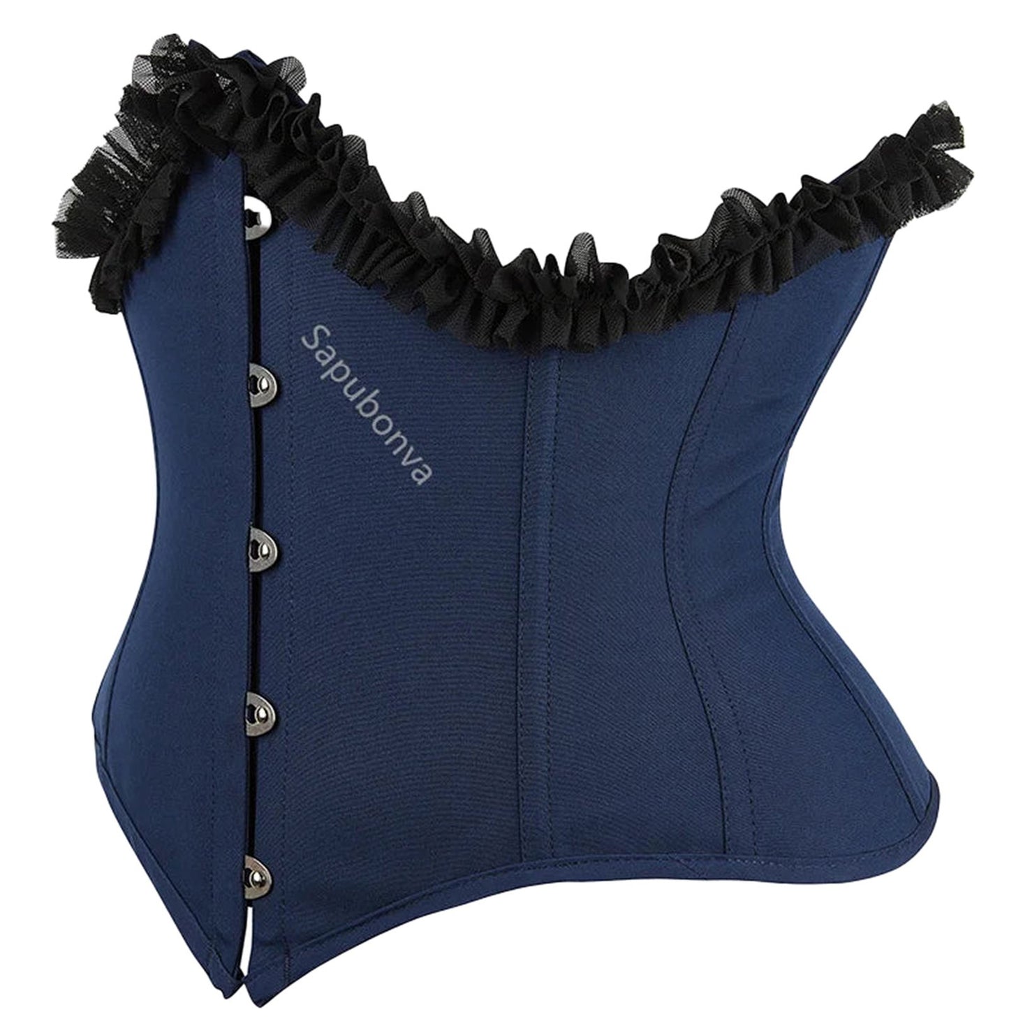Navy underbust corset top for women with ruffled trim and adjustable buttons from LuckeLadybug LLC