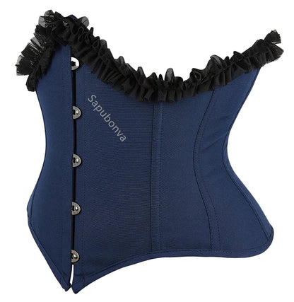 Navy underbust corset top for women with ruffled trim and adjustable buttons from LuckeLadybug LLC