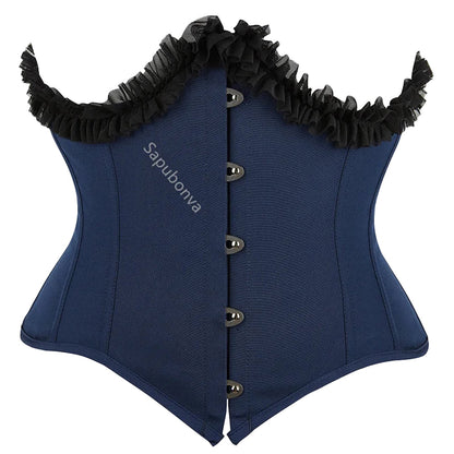 Navy LuckeLadybug LLC underbust corset top for women with ruffled neckline and adjustable front buttons