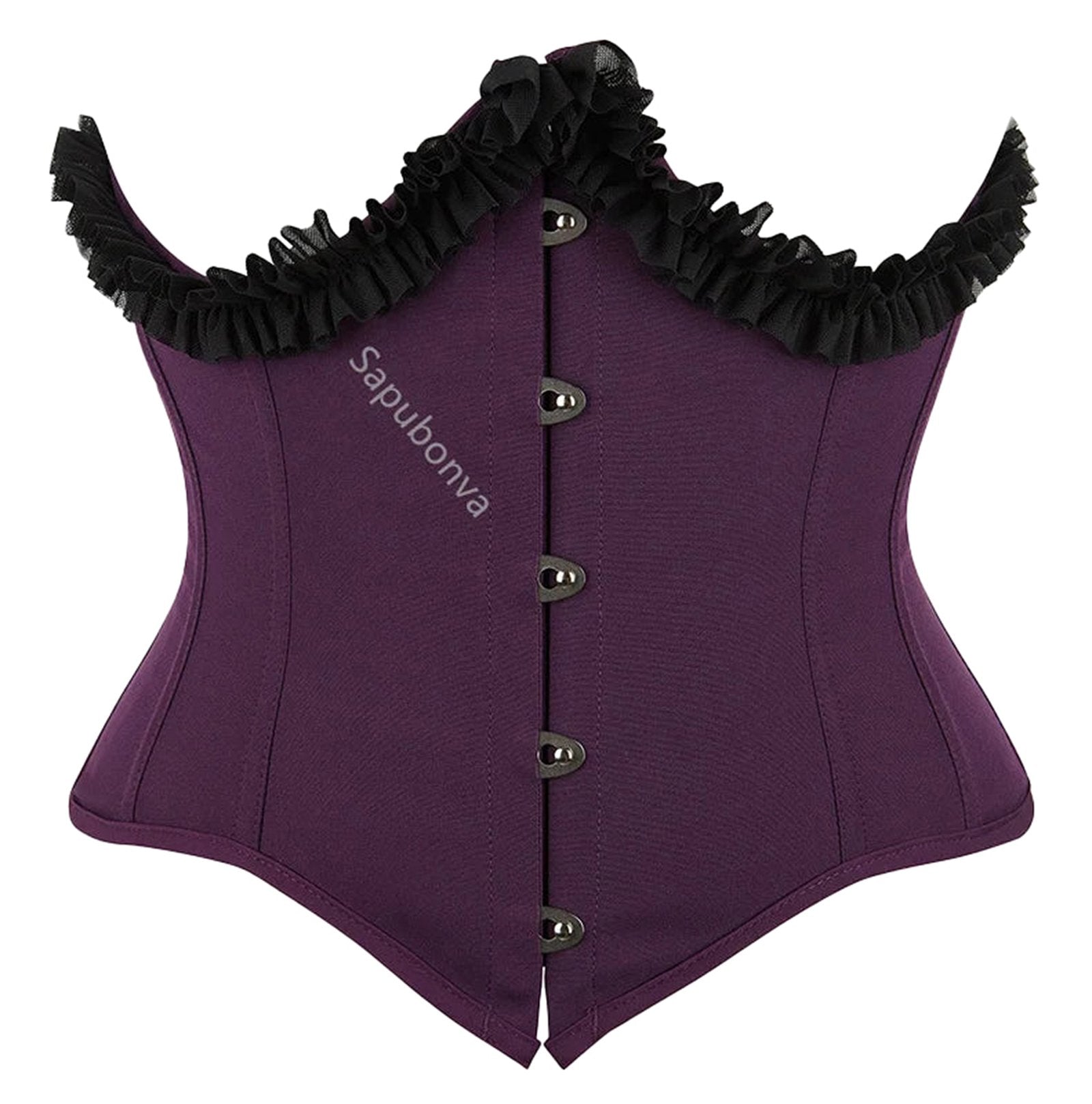 Elegant purple underbust corset top for women with ruffled trim and button closure