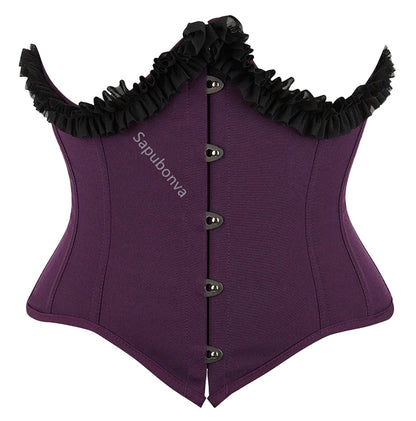 Elegant purple underbust corset top for women with ruffled trim and button closure