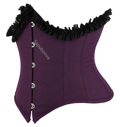 Purple underbust corset top for women with ruffled trim and front hook closure