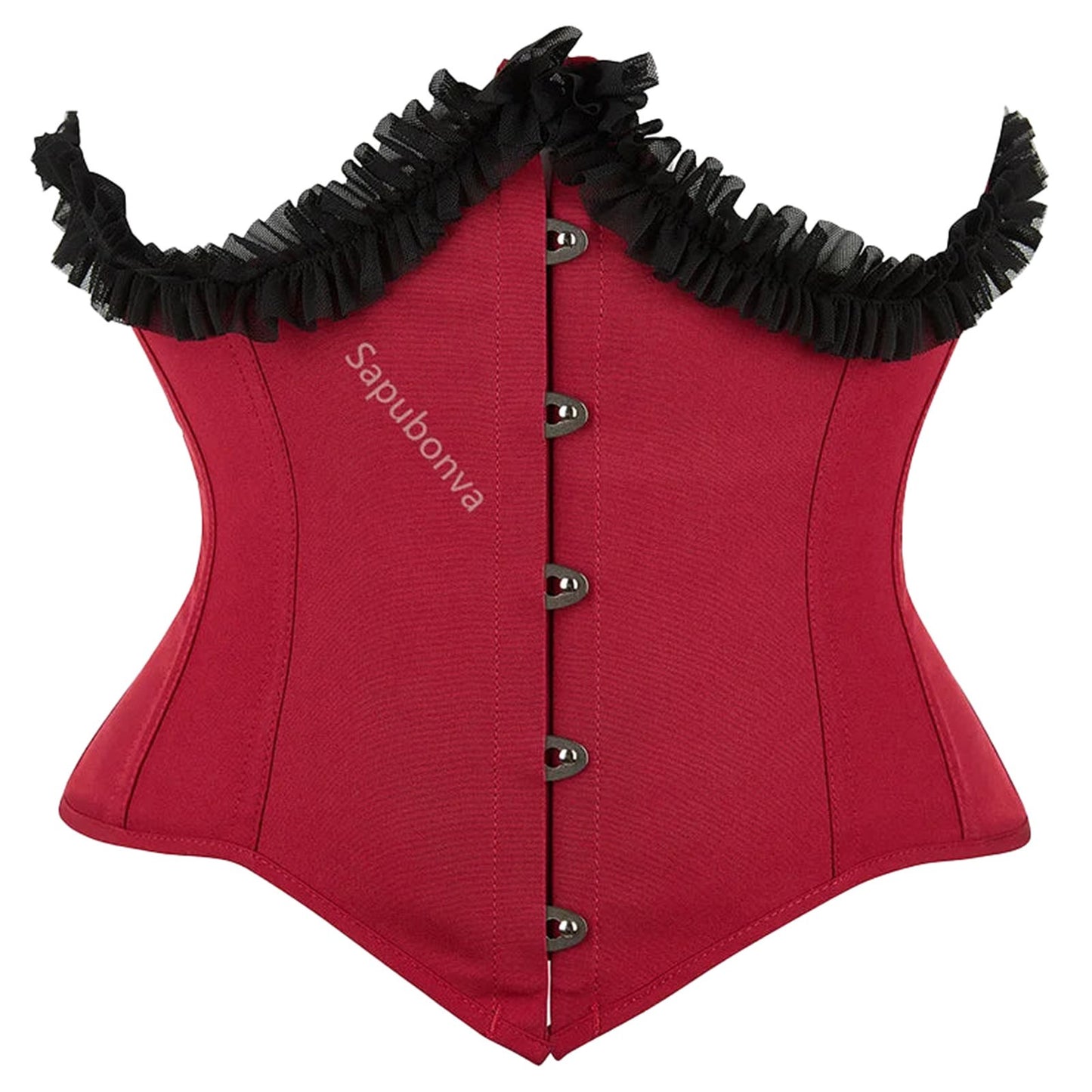 Burgundy underbust corset top for women with frill detailing and steel boning for shaping
