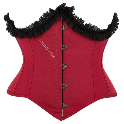 Burgundy underbust corset top for women with frill detailing and steel boning for shaping