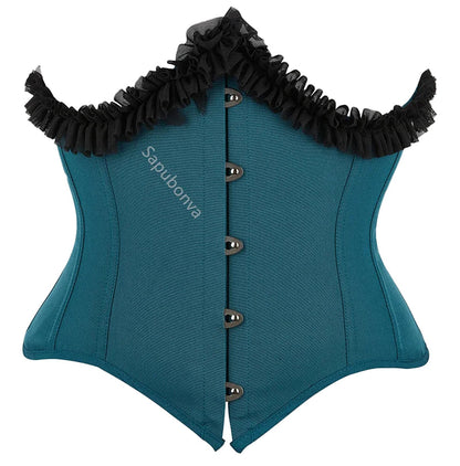 Teal LuckeLadybug LLC underbust corset top for women with black ruffle trim and hook closures