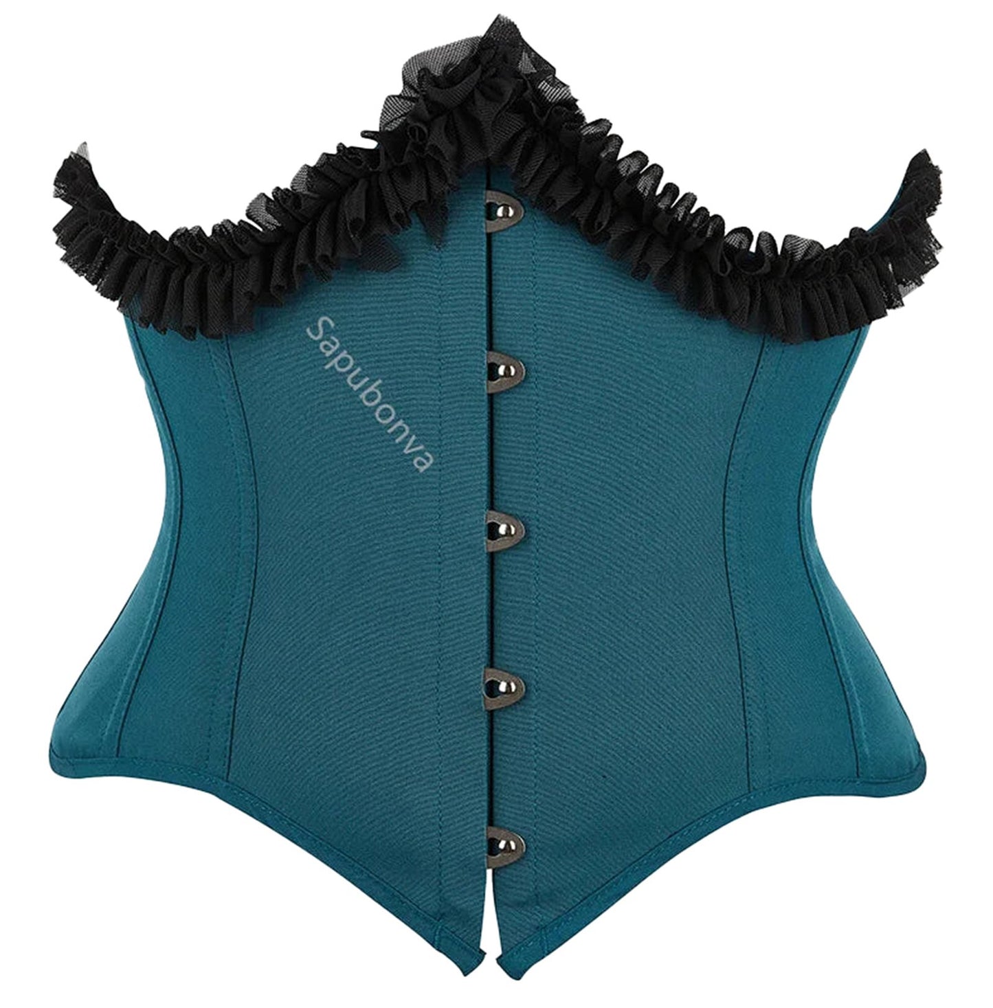 Teal underbust corset top for women with ruffled black trim and front hook closure