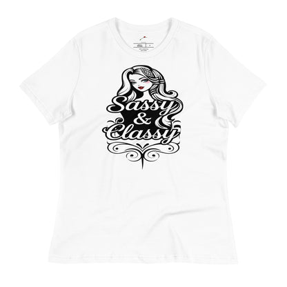LuckeLadybug sassy and classy women's t-shirt in white featuring a stylish graphic design