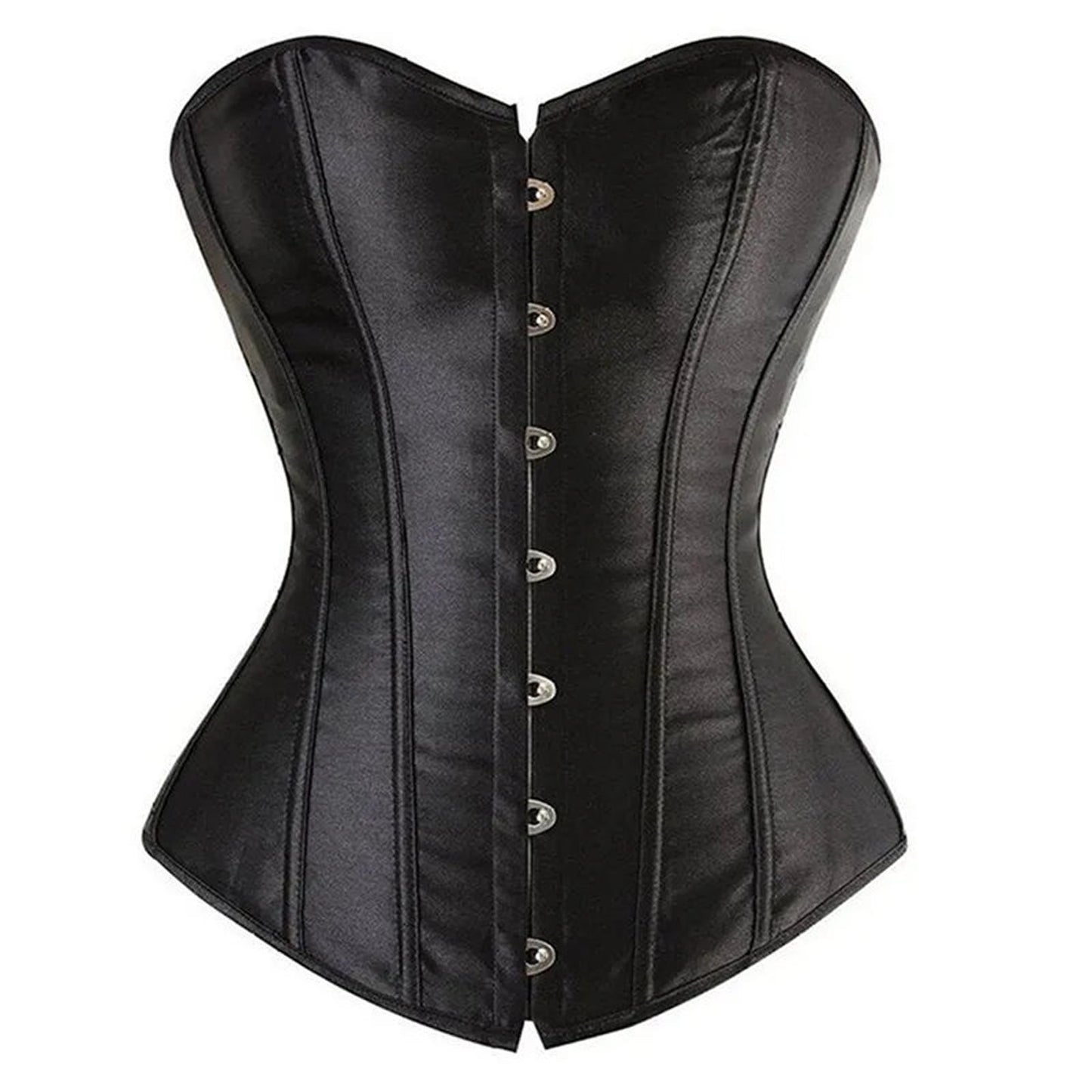 Elegant black satin corset top for women with a structured fit and front button closure