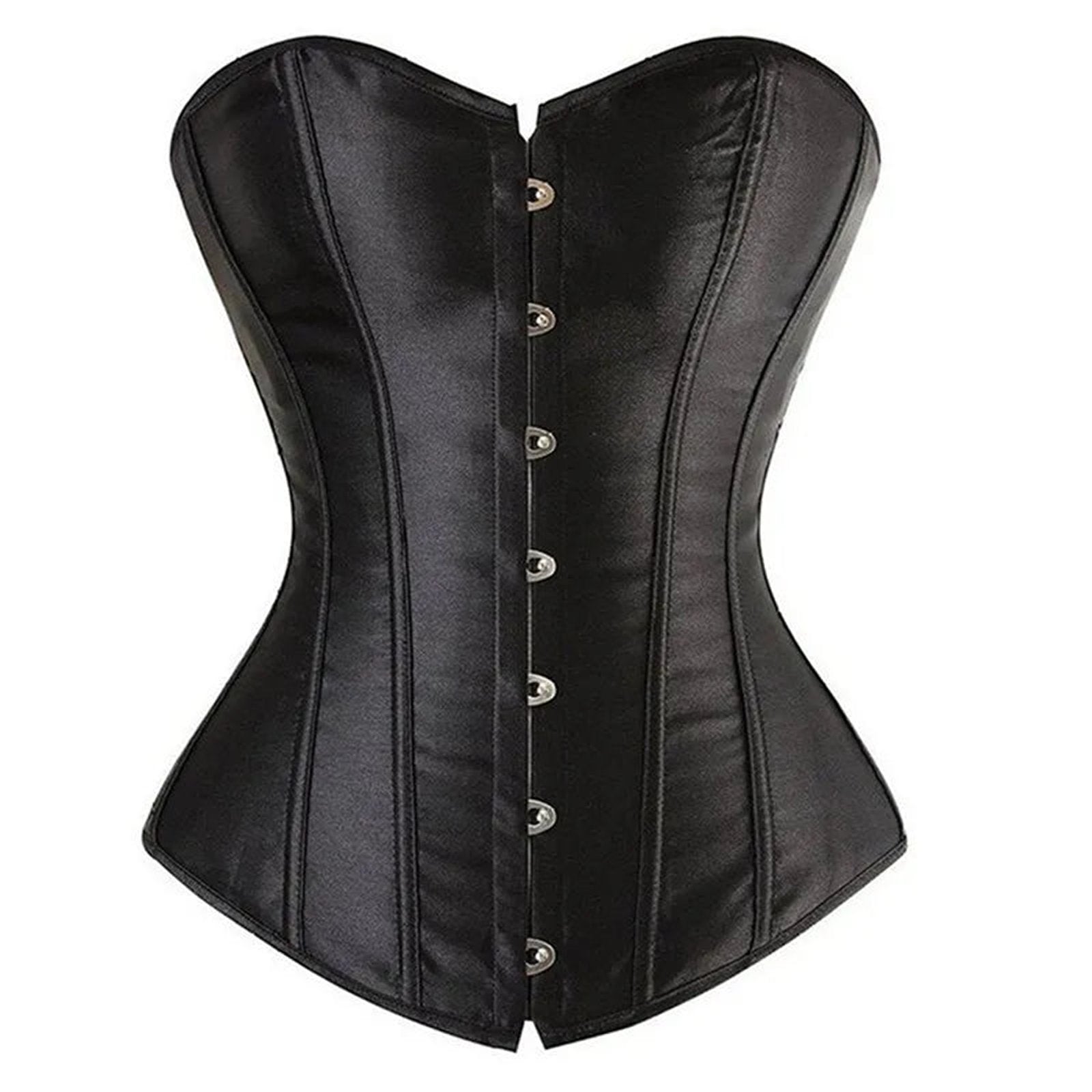 Elegant black satin corset top for women with a structured fit and front button closure
