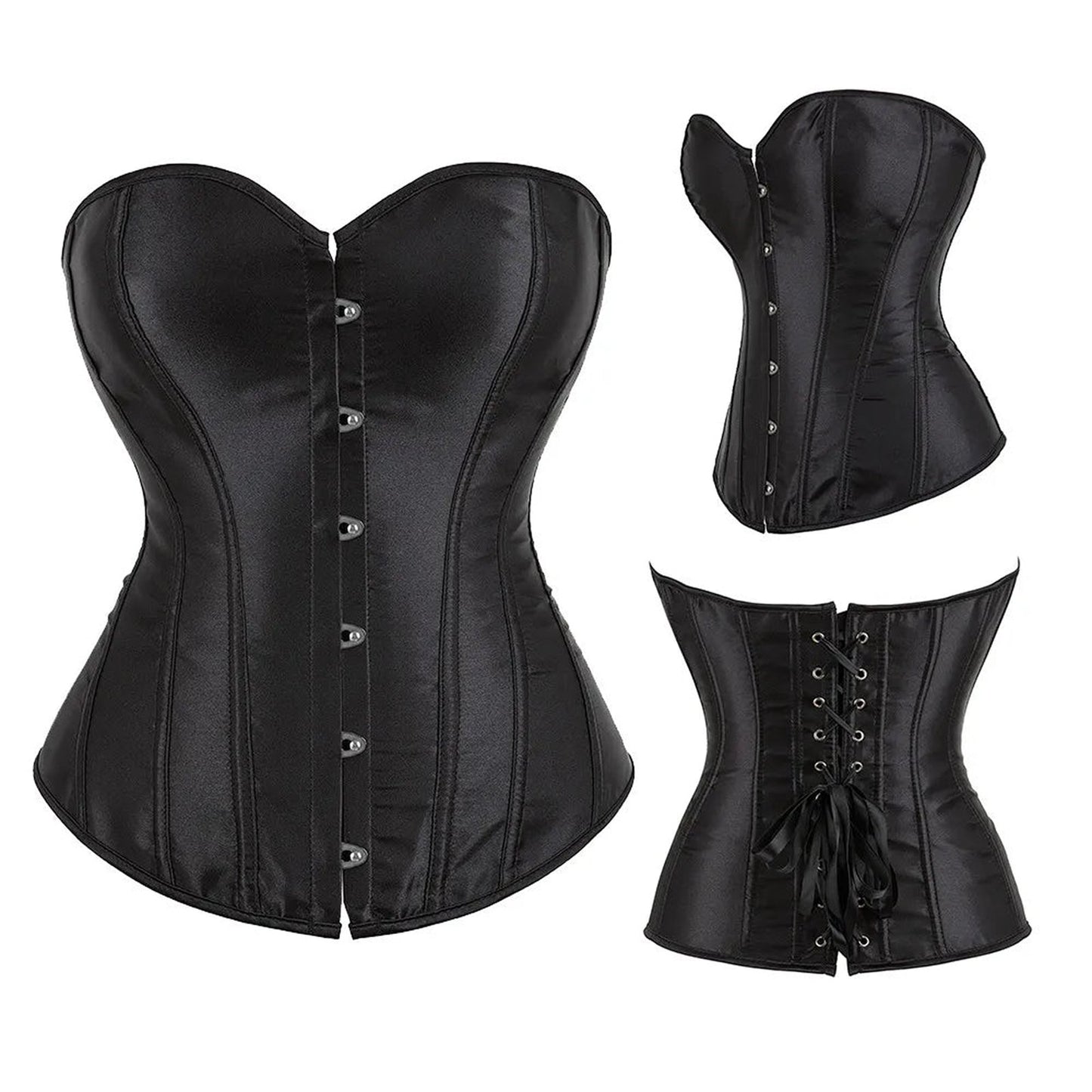 Elegant black satin corset top for women with front buttons and lace-up back detail