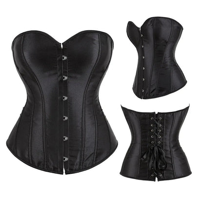 Elegant black satin corset top for women with front buttons and lace-up back detail