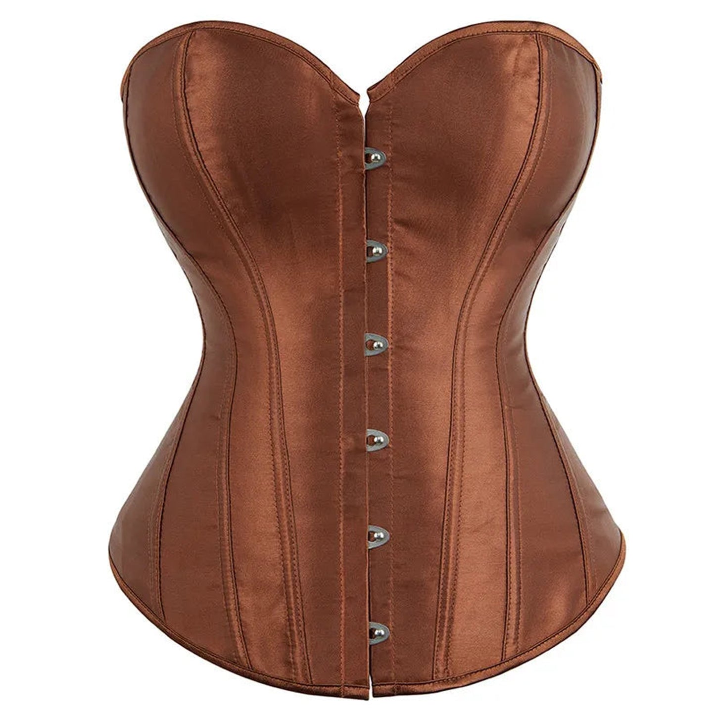 Brown satin corset top for women with button front and structured fit for a flattering silhouette