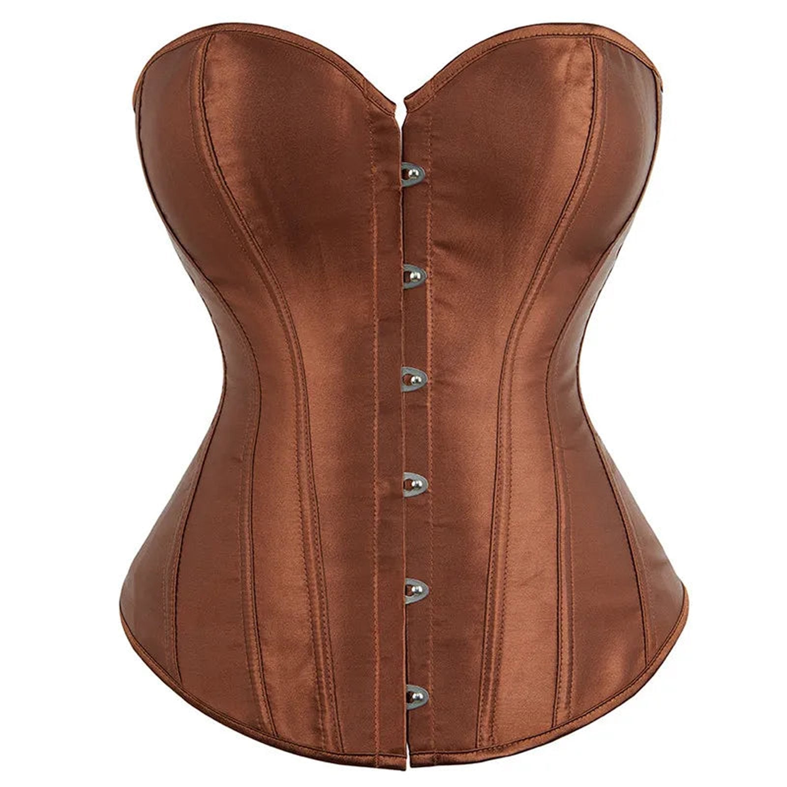 Brown satin corset top for women with button front and structured fit for a flattering silhouette