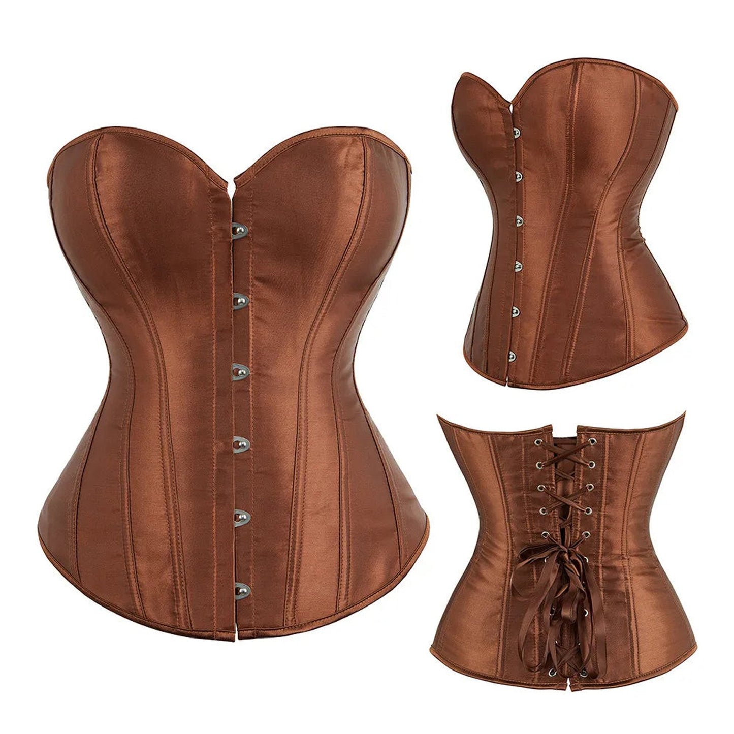 Brown satin corset top for women with front buttons and lace-up back design