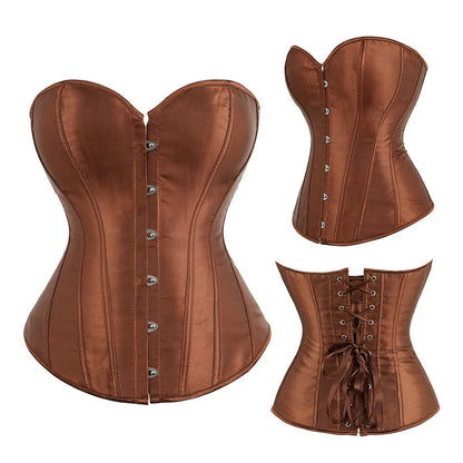 Brown satin corset top for women with front buttons and lace-up back design