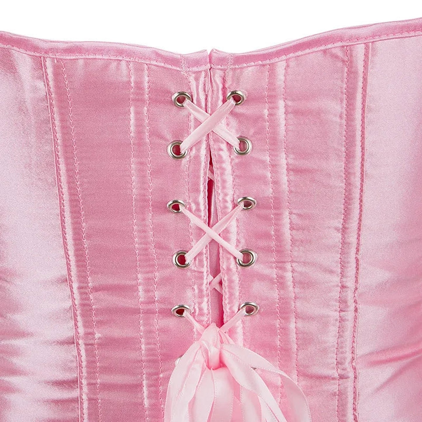 Close-up of a pink satin corset top for women showing lace-up back detail and shiny fabric