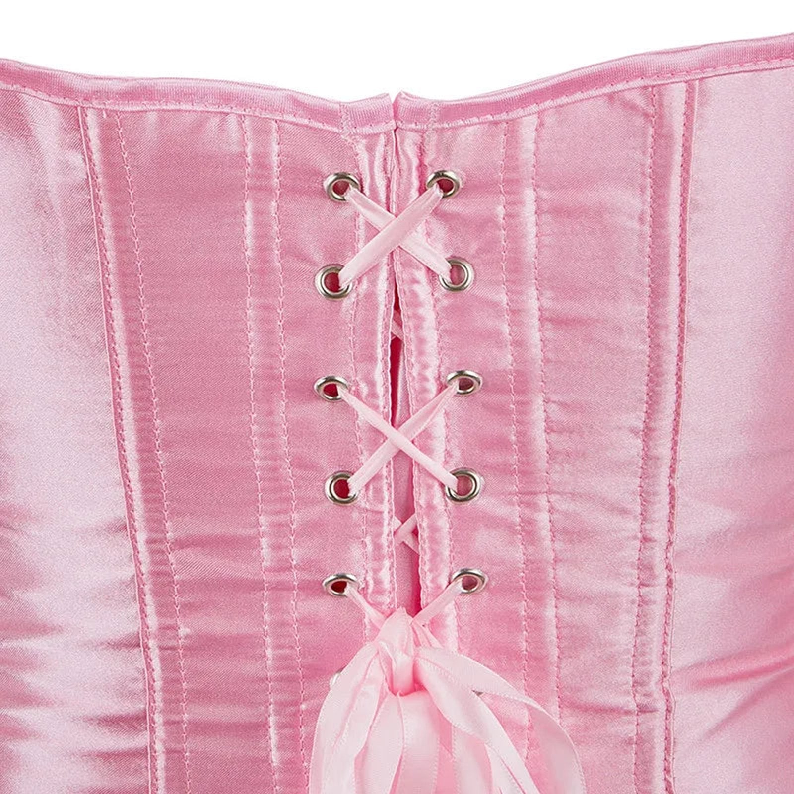 Close-up of a pink satin corset top for women showing lace-up back detail and shiny fabric