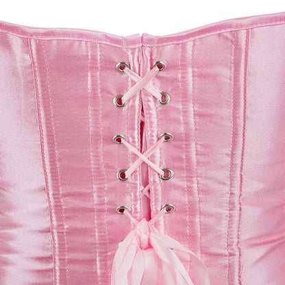 Close-up of a pink satin corset top for women showing lace-up back detail and shiny fabric