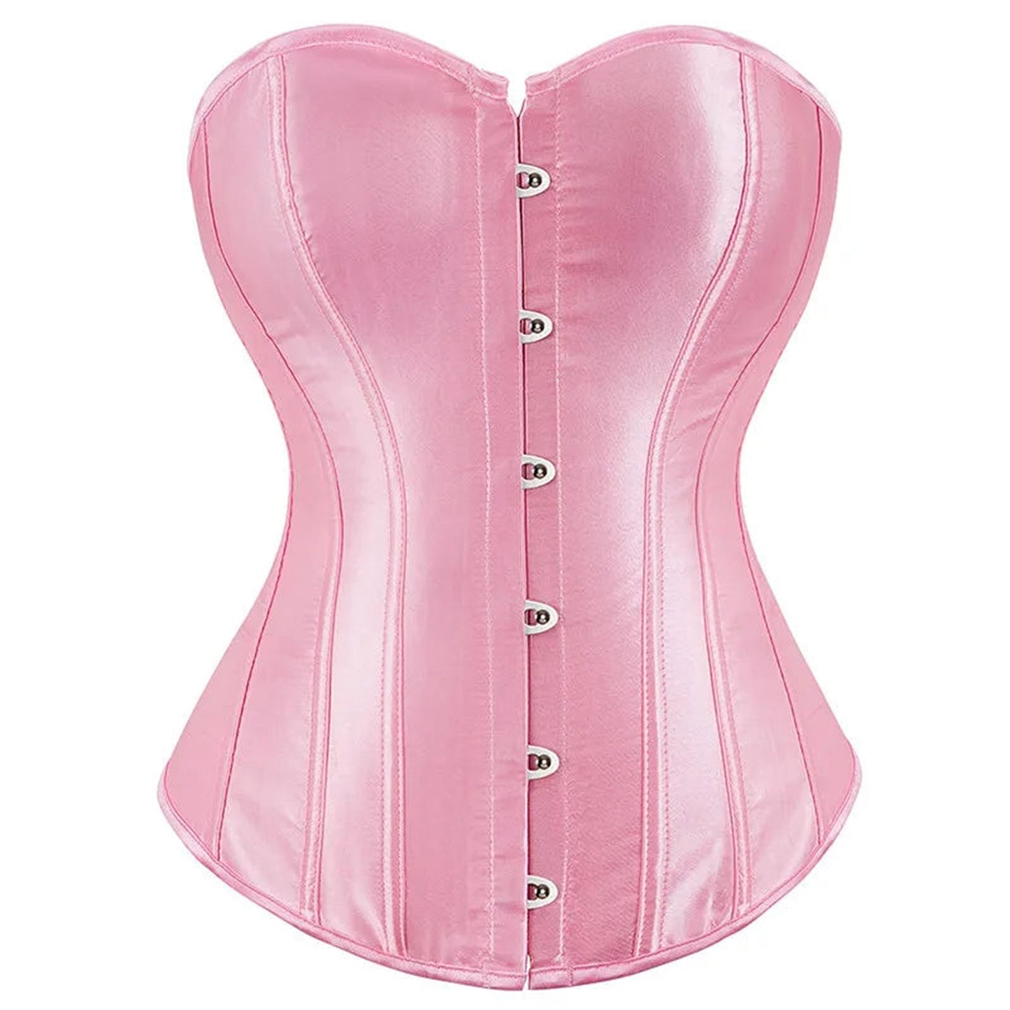Pink satin corset top for women with a sleek design and front hook closure