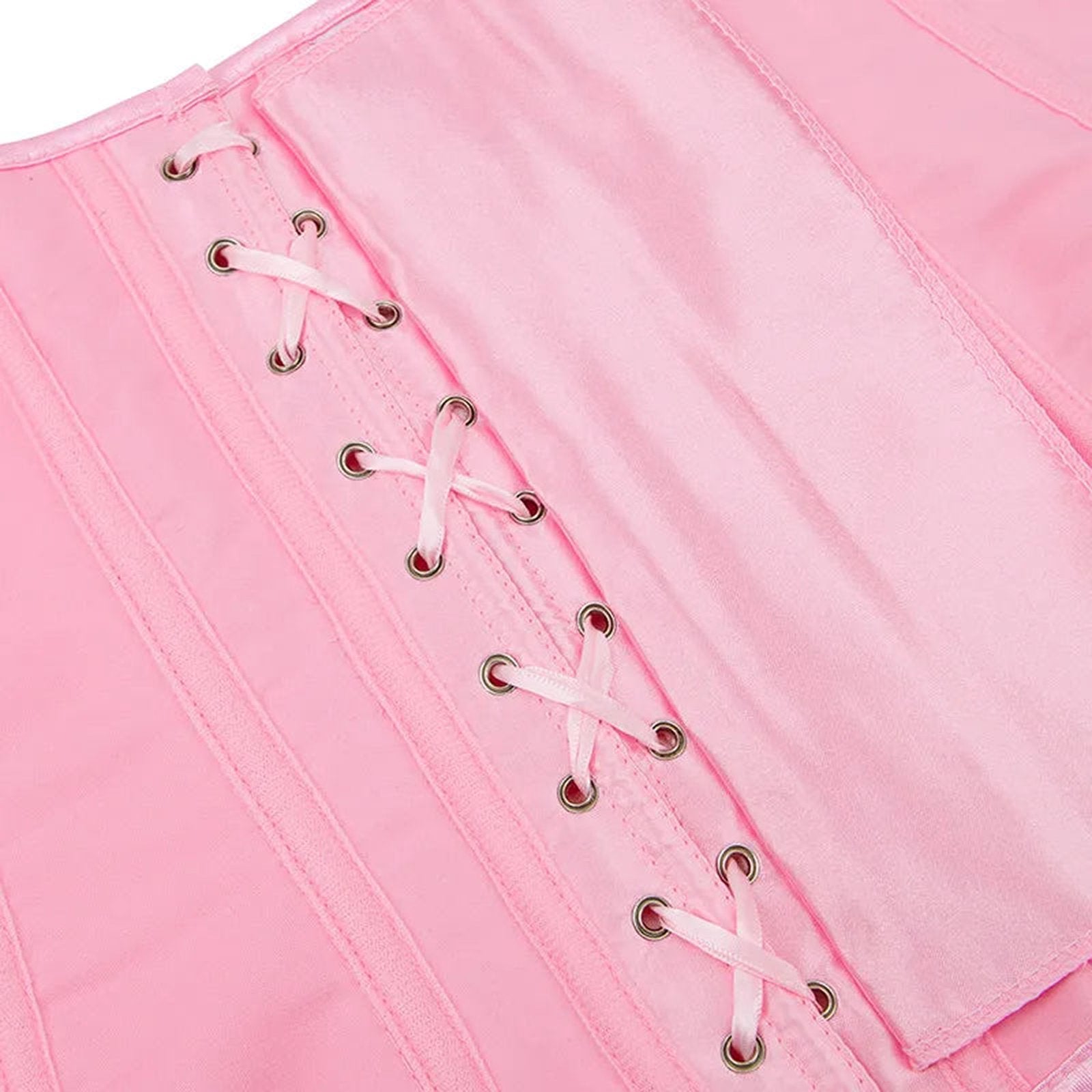 Pink satin corset top for women featuring lace-up details and smooth fabric for a stylish look