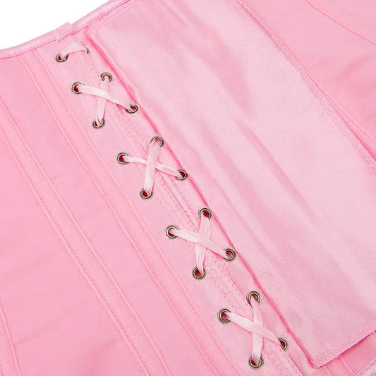 Pink satin corset top for women featuring lace-up details and smooth fabric for a stylish look