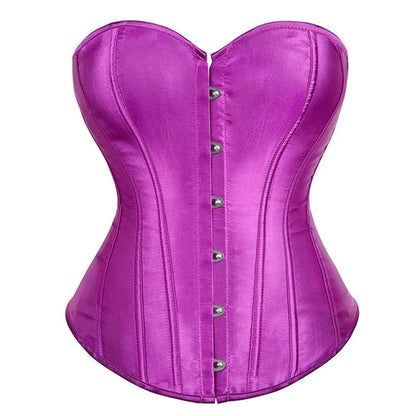 Purple satin corset top for women featuring a form-fitting silhouette and stylish front buttons
