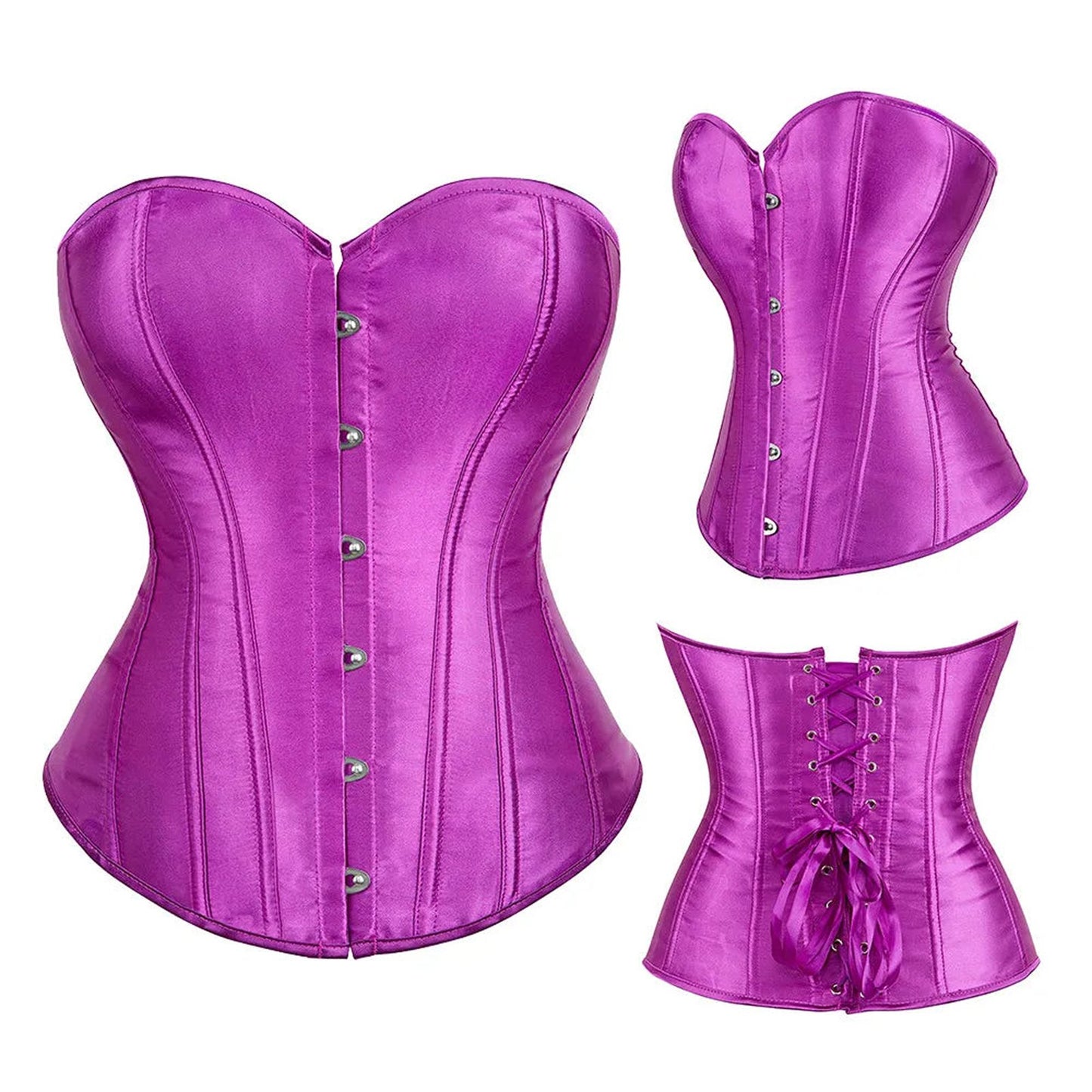Purple satin corset top for women with adjustable lace-up back and front button closure