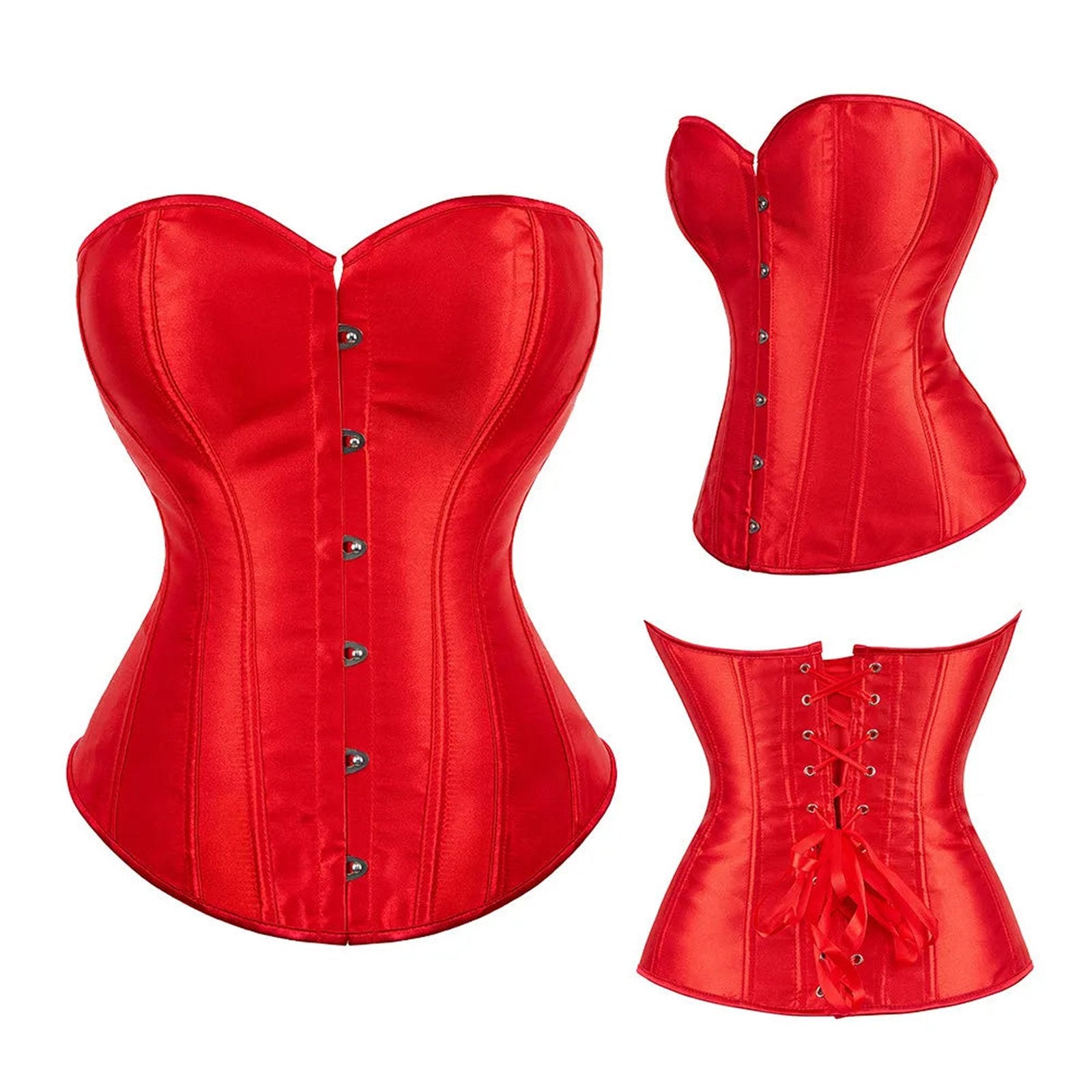 Bold red satin corset top for women with adjustable laces and stylish button closure