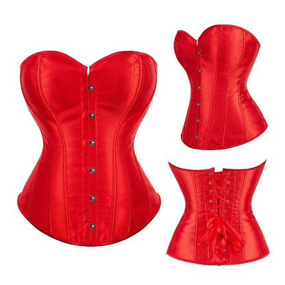 Bold red satin corset top for women with adjustable laces and stylish button closure