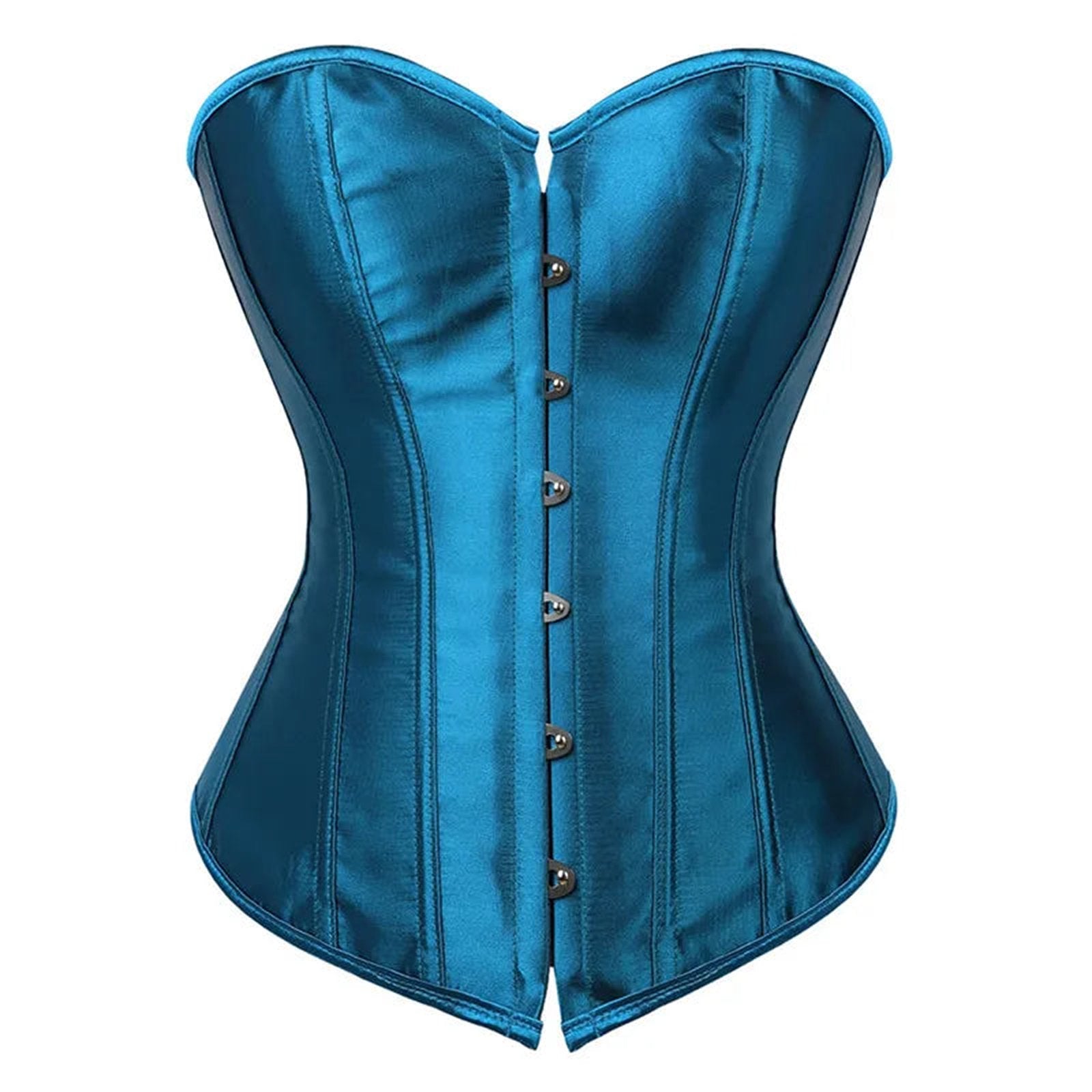 Teal satin corset top for women with a structured design and front button closure
