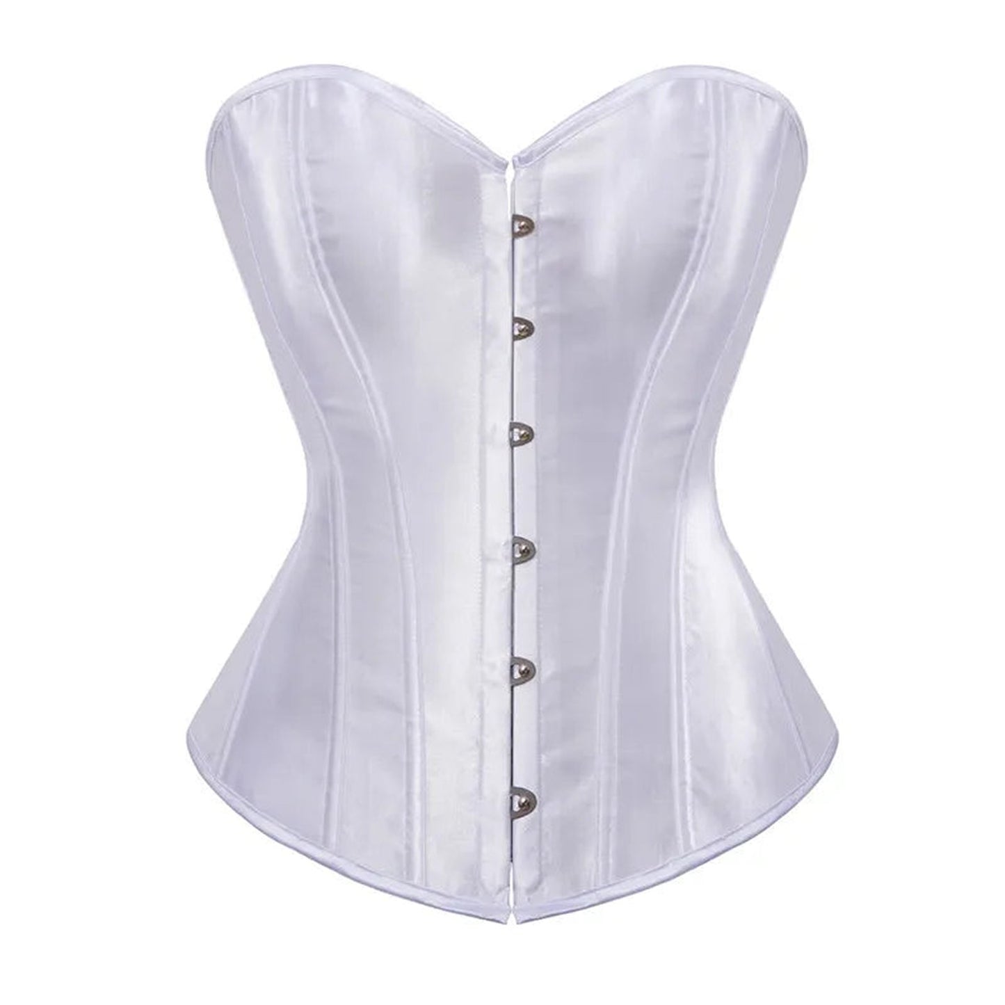 White satin corset top for women featuring a structured design and front buttons for a flattering fit