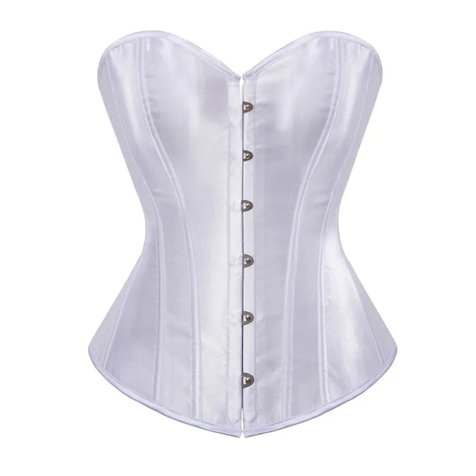 Elegant white satin corset top for women with a structured design and front button closures