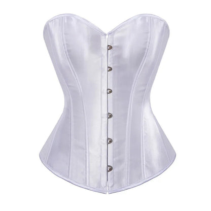 Elegant white satin corset top for women with a structured design and front button closures