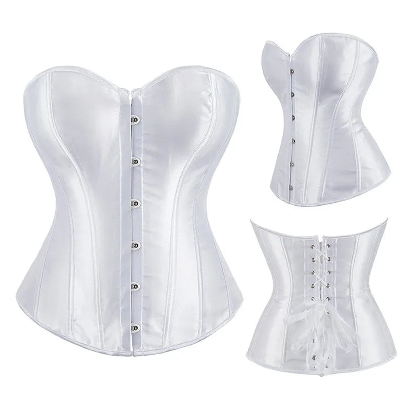Sleek white satin corset top for women with front buttons and lace-up back for a flattering fit
