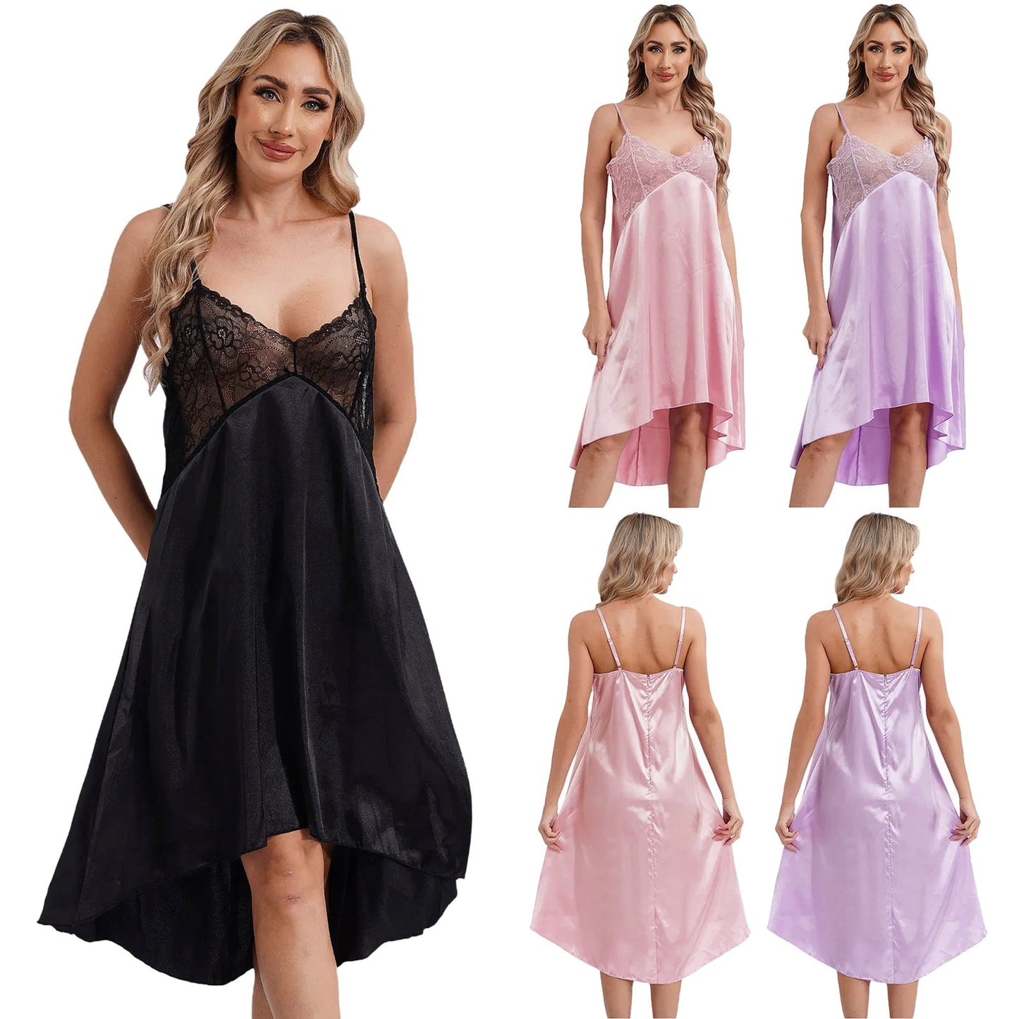 Satin lace nightdress for women in black, pink, purple colors with delicate lace detailing and adjustable straps