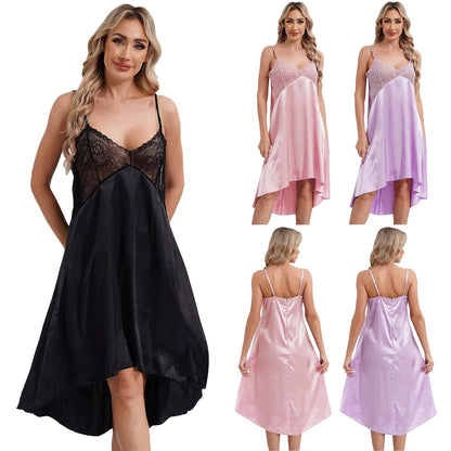 Satin lace nightdress for women in black, pink, purple colors with delicate lace detailing and adjustable straps