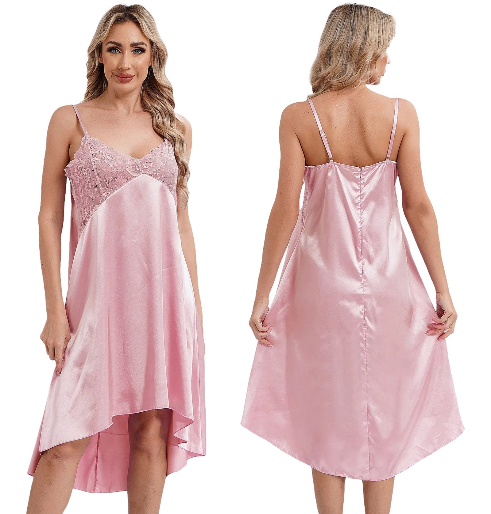 Pink satin lace nightdress for women with adjustable straps and a flowy design