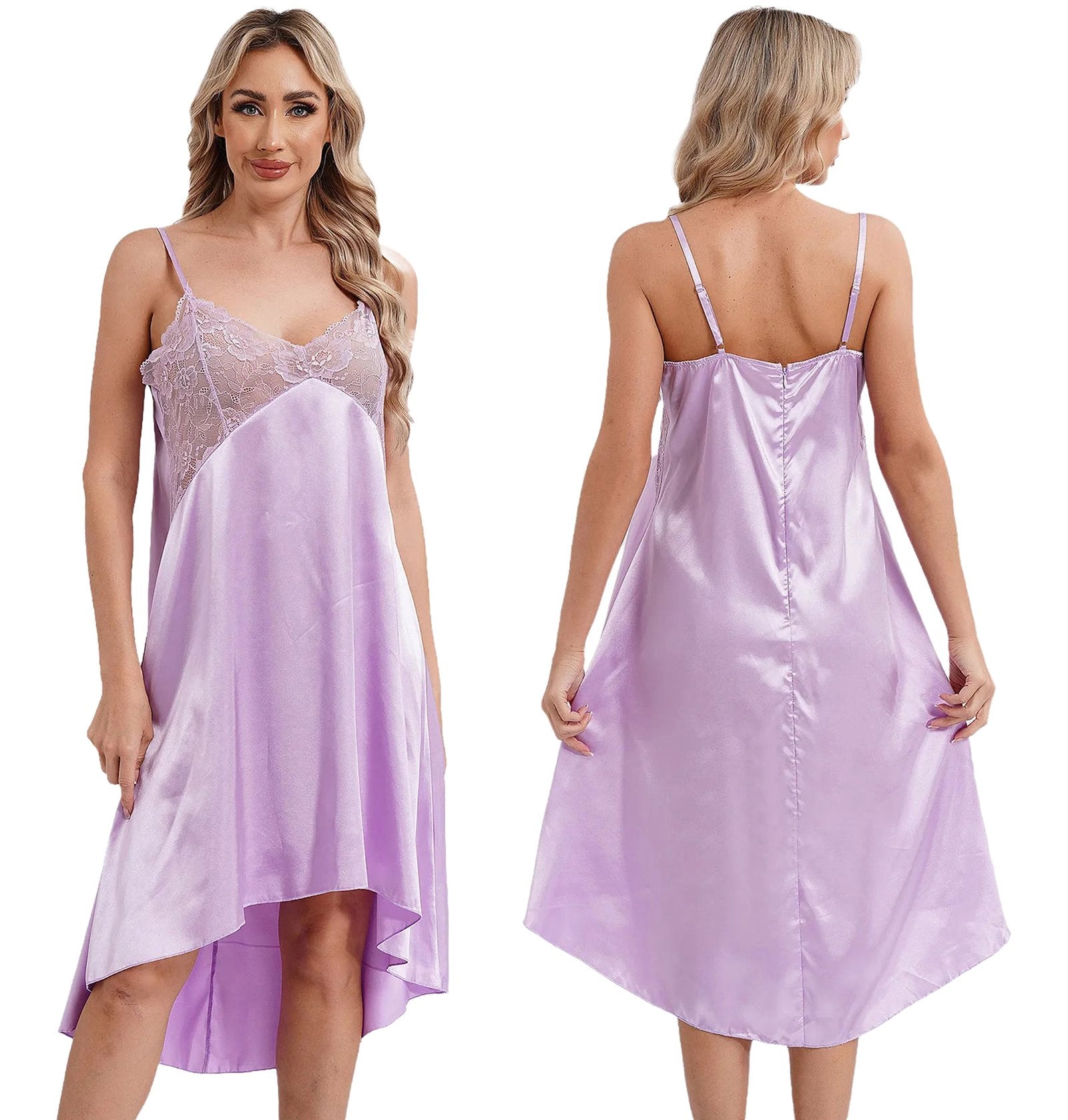 Purple satin lace nightdress for women with adjustable straps and elegant design