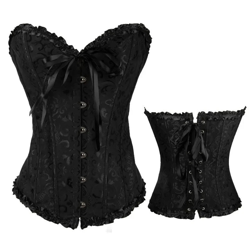 Black satin lace up bustier corset top with ruffled trim and elegant design for a stylish look