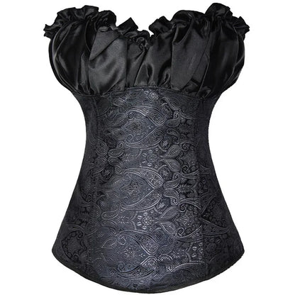 Elegant satin lace up bustier corset top with intricate floral patterns and ruffled neckline