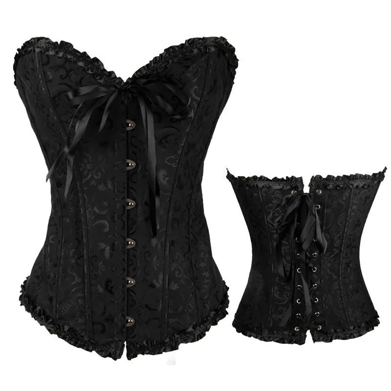Black satin lace up bustier corset top with floral detailing and ribbon laces for a chic look