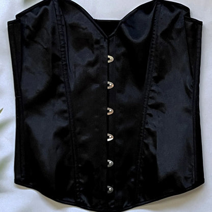 Black satin lace up bustier corset top with front button closure and sleek design
